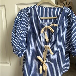 Elegant Blue and White Striped Blouse with Tie Details